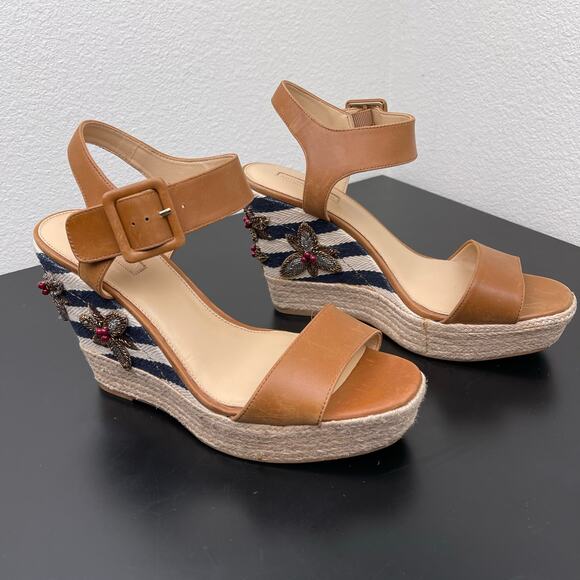 Antonio Melani Leather Beaded Berry Leaves Espadrille Wedge Sandals 10M Tan - Picture 2 of 11